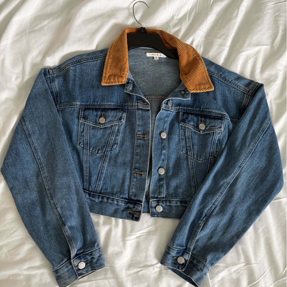 PacSun Blue Denim Jacket with Tan Collar